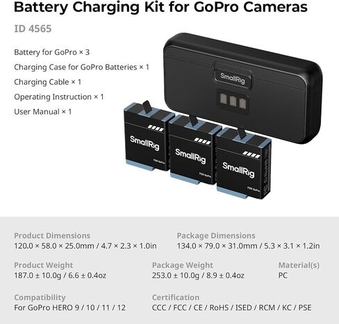 SMALLRIG Camera Battery Charger Case for GoPro 12/11/10/9, with 3-Pack 1720mAh Batteries, Triple-Slot Charger, Support 27W Fast Charging, TFT Display for GoPro Hero 12, 11, 10, 9 Camera - 4565 in Saudi Arabia