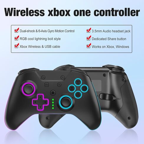 وحدة تحكم Xbox One من SANGDER، وحدة تحكم Xbox LED لاسلكية بإضاءة LED لأجهزة Xbox One X/S Xbox One Series X/S، وحدة تحكم Xbox One اللاسلكية مع محول لاسلكي 2.4 جيجا هرتز، مع مقبس صوت 3.5 ملم، أسود in Kuwait