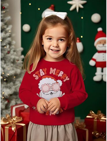 Ritatte Toddler Girls Christmas Sweatshirt Stay Merry And Bright Santa Claus Crewneck Pullover Top Kids Xmas Winter Clothes in Saudi Arabia