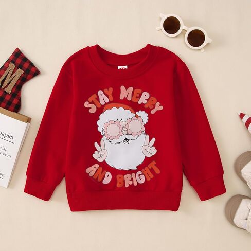Ritatte Toddler Girls Christmas Sweatshirt Stay Merry And Bright Santa Claus Crewneck Pullover Top Kids Xmas Winter Clothes in Saudi Arabia