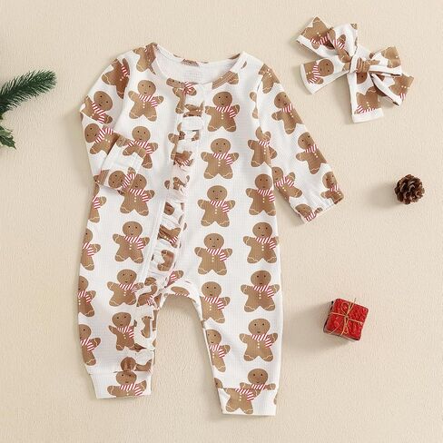 Baby Girls Christmas Outfits Long Sleeve Ruffle Trim Jumpsuit Zipper Romper Bodysuit Fall Winter Clothes in Saudi Arabia