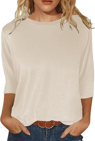 قمصان نسائية بأكمام 3/4 ورقبة دائرية وبلوزات غير رسمية فضفاضة وقمصان بلون واحد in Kuwait