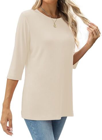 قمصان نسائية بأكمام 3/4 ورقبة دائرية وبلوزات غير رسمية فضفاضة وقمصان بلون واحد in Kuwait