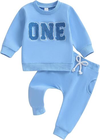 Lamuusaa Toddler Baby Boy Birthday Outfit One/Two Letter Embroidery Sweatshirt Jogger Pants Fall Winter Clothes in Saudi Arabia