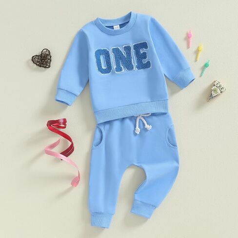 Lamuusaa Toddler Baby Boy Birthday Outfit One/Two Letter Embroidery Sweatshirt Jogger Pants Fall Winter Clothes in Saudi Arabia