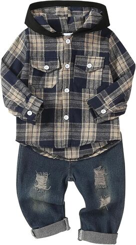 Toddler Baby Boy Fall Winter Clothes Long Sleeve Plaid Hooded Sweatshirt Ripped Holes Jeans Set 1-5 Years Old in Saudi Arabia