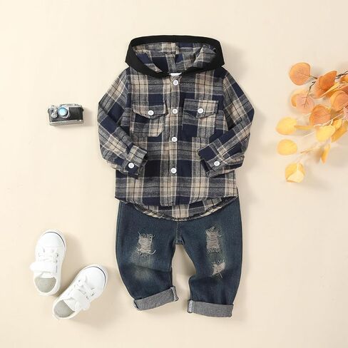 Toddler Baby Boy Fall Winter Clothes Long Sleeve Plaid Hooded Sweatshirt Ripped Holes Jeans Set 1-5 Years Old in Saudi Arabia