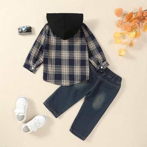 Toddler Baby Boy Fall Winter Clothes Long Sleeve Plaid Hooded Sweatshirt Ripped Holes Jeans Set 1-5 Years Old in Saudi Arabia