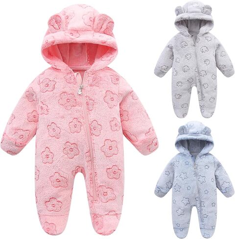 Newborn Winter Snowsuit Baby Girl Boy Bear Ear Fleece Hooded Romper Infant Footie Jumpsuit Outwear Coats in Saudi Arabia