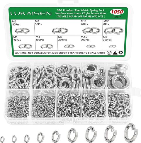 مجموعة متنوعة من 1050 قطعة من غسالات القفل الزنبركي، 304 غسالات قفل من الفولاذ المقاوم للصدأ للبراغي، 9 مقاسات - (M2 M2.5 M3 M4 M5 M6 M8 M10 M12) مجموعة غسالات قفل منفصلة مترية in Kuwait