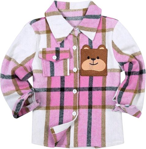 قميص منقوش من الفلانيل للأطفال الصغار والأولاد والبنات مزود بأزرار سفلية وأكمام طويلة على شكل دب ملابس خارجية وسترة وطية صدر السترة ومعطف علوي in Kuwait