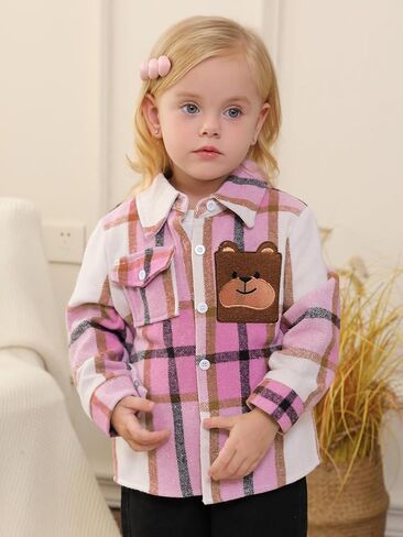 قميص منقوش من الفلانيل للأطفال الصغار والأولاد والبنات مزود بأزرار سفلية وأكمام طويلة على شكل دب ملابس خارجية وسترة وطية صدر السترة ومعطف علوي in Kuwait
