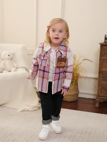 قميص منقوش من الفلانيل للأطفال الصغار والأولاد والبنات مزود بأزرار سفلية وأكمام طويلة على شكل دب ملابس خارجية وسترة وطية صدر السترة ومعطف علوي in Kuwait