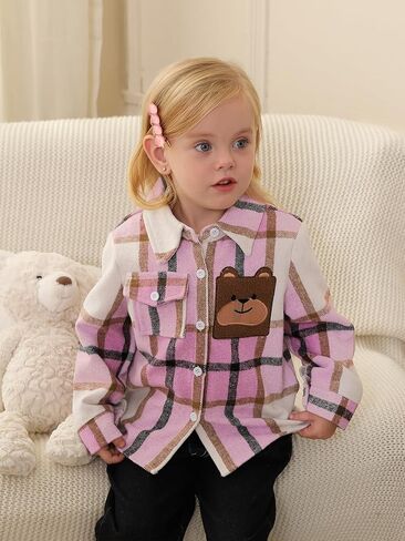 قميص منقوش من الفلانيل للأطفال الصغار والأولاد والبنات مزود بأزرار سفلية وأكمام طويلة على شكل دب ملابس خارجية وسترة وطية صدر السترة ومعطف علوي in Kuwait