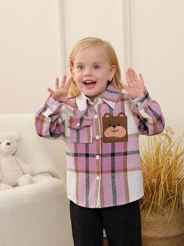 قميص منقوش من الفلانيل للأطفال الصغار والأولاد والبنات مزود بأزرار سفلية وأكمام طويلة على شكل دب ملابس خارجية وسترة وطية صدر السترة ومعطف علوي in Kuwait