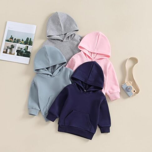 Toddler Baby Boy Girl Hoodies Solid Color Long Sleeve Kangaroo Pocket Hooded Sweatshirt Top Fall Winter Clothes in Kuwait