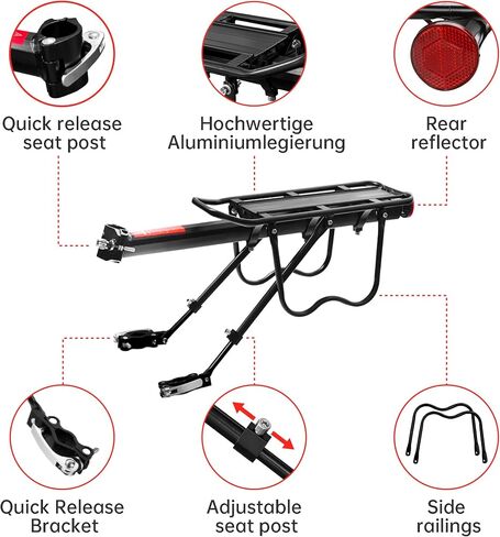 Rear Bike Rack, Aluminum Alloy Bike Cargo Pannier Rack for Back of Bike 110 Lb Quick Release Bike Reflective Adjustable Luggage Touring Carrier Cargo Rack Mountain Road Bicycle Rack Black in Kuwait