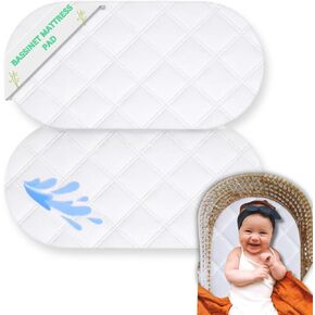 Waterproof Bassinet Mattress Protector 2 Pack - Fits Hourglass/Oval & Moses Basket Mattresses, Breathable 32X16in Bassinet Mattress Pad Cover for Boys & Girls, White Waterproof Mattress Cover