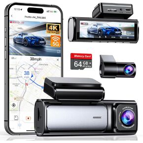 4K Dash Cam Front and Rear, Built-in 5G WiFi GPS, 64GB Card Included, 3.59'' IPS Screen Dash Camera for Cars, Dual Dashcam with G-Sensor, Loop Recording, WDR, Night Vision, 24H Parking Monitor