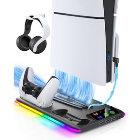 Controller Charger for PS5/PS5 Slim: PS5 Stand Cooling Fan and Controller Charger Station, PS5/PS5 Slim Accessories Vertical Charging Dock for PlayStation 5 Slim Console (White)