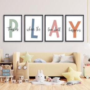This Is Where The Fun Stuff Happens Kids Playroom Wall Art 16x11 Inch Set Of 4 Rustic Kids Wood Framed Boy Sign Toddler Modren Nursery Interesting Let's Play Prints Wall Hang Decor (White)