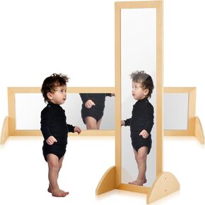 Double Sided Bi Directional Infant Montessori Mirror 45.7 x 15.6 x 14.6 Inch Toddler Mirror Safety Shatterproof Wooden Mirror Baby Acrylic Non Glass Early Learning to Walk Mirror Kids
