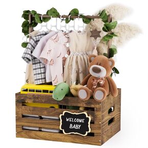Wooden Baby Shower Crate Closet, Baby Gift Basket with Handle and Garland Storage Crate Hamper, Baby Shower Wooden Gift Crate, Welcome Gift Basket for Newborn Boy Girl, Pregnancy Gifts for New Parents
