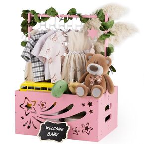 Wooden Baby Shower Crate Closet, Baby Gift Basket with Handle and Garland Storage Crate Hamper, Baby Shower Wooden Gift Crate, Welcome Gift Basket for Newborn Boy Girl, Pregnancy Gifts for New Parents