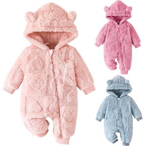 Winmany Newborn Baby Cartoon Bear Snowsuit Winter Fleece Coat Outfits Cold Weather Hooded Heart Jumpsuit Warm Outwear