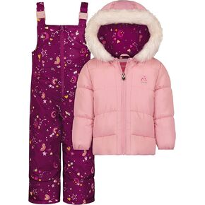 LONDON FOG Girls' Baby Water Resistant Two-Piece Winter Snowsuit - Includes Snowsuit + Hooded Fleece Lined Jacket with Foil Stars & Moon Print, Pink, 18MO