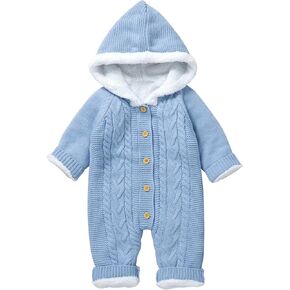 Newborn Baby Knit Jumpsuit With Hood, Infant Hooded Romper Long Sleeve One Piece Onesie Winter Overall Snowsuit