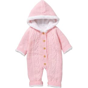 Newborn Baby Knit Jumpsuit With Hood, Infant Hooded Romper Long Sleeve One Piece Onesie Winter Overall Snowsuit