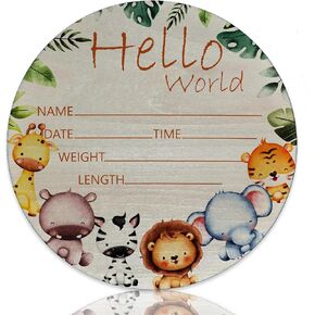 Animals Hello World Newborn Sign, Baby Announcement Sign for Newborn Boys and Girls, Nursery Wall Décor, Baby Name Sign, Animals Theme Birch Wood 6 inch Circle Board Birth Stat Sign, Newborn Gifts