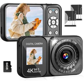 Digital Camera, 4K 64MP Dual Screens Camera, 18X Zoom, Point and Shoot Digital Camera with 64GB SD Card & 2 Batteries, Portable Rechargeable Small Camera for Kids Teens Adult, White
