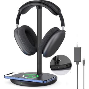 Miroddi Headphone Stand with Wireless Charger, Independent USB Charging Port, 5 in 1 Charging Station Headset Holder Rack for AirPods Max/Pro/4/3/2, iWatch, iPhone, Samsung and Desk Headphones, Black