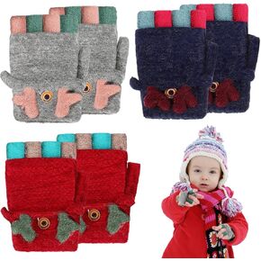Handepo 3 Pairs Kids Winter Fingerless Gloves Convertible Mittens Glove Toddler Flip Top Knitted Warm Glove for Boy and Girl 2-6 Years