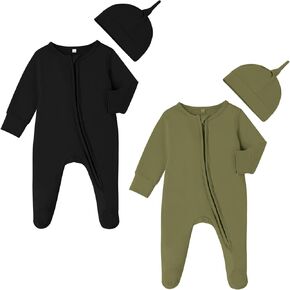 DREAM BUS 2 Pack Newborn One-piece Zipped Romper with Beanie Hats Baby Boy Long Sleeve Footie Infant Cotton Jumpsuit