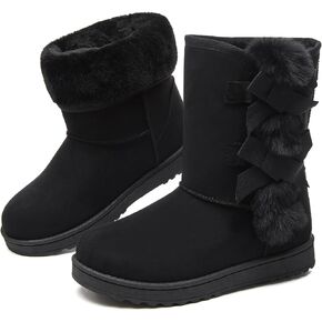 Eydram Women Winter Boots Fur Lined Fashion Mid Calf Boots for Women Warm Fuzzy Boots Comfortable Black Womens Snow Boots with Bowknot