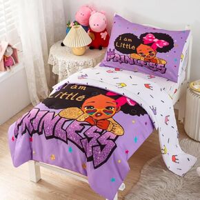 4 Piece Toddler Bedding Set for Girls,Toddler Black Girl Magic Comforter Set,Black Princess Toddler Bed Comforter Set Includes Comforter, Flat Sheet,Fitted Sheet,Pillowcase