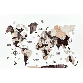 Woodologie 3D Wooden World Map for Wall (60" x 36") - Wall Accent with Ocean Names, Boats, Compass and More - with 50 Pins to Mark Travels - Bedroom/Office Wall Décor (Dark)