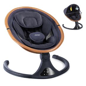 LAREX Baby Swings for Infants to Toddler, Electric Baby Swing with Remote Control, Rocker with 5 Speeds for Baby Boy Girl, 5-Point Harness, 3 Seat Positions, 12 Music (2024 Model-Dark Wood Grain)