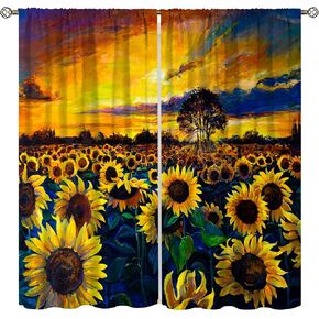 Sunflower Curtains, Green Letter Background Vintage Elegant Sunflower Butterfly Bedroom Living Room Nursery Window Decorative Curtains 42x45in