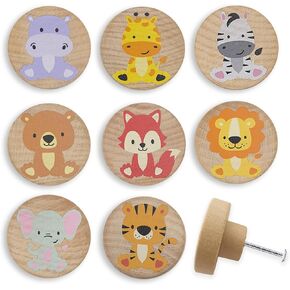 8Pack 1.8" Wood Cute Nursery Kids Dresser Unique Cabinet Knobs Animal Drawer Pulls Wooden Knob