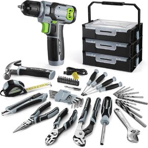 WORKPRO Pink Cordless Drill Driver with Toolbox, 43PCS Pink Tool Set with 8V Lithium-ion Power Drill and Bits, 2.0 Ah Portable Electric Screwdriver Home Tool Set with Stackable Tool Box - Pink Ribbon