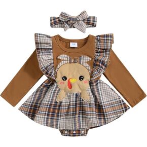 Madjtlqy Baby Girl Thanksgiving Day Outfit Ruffled Long Sleeve Romper Dress + Headband Toddler Clothes for Fall