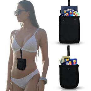 RFID Undercover Bra Wallet - Hidden Travel Pouch with Adjustable Elastic Strap for Credit Cards, Money, and Valuables - Secret Stash Pocket for All Bra Sizes (Black)