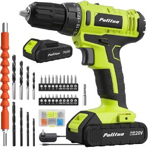 PULITUO 20V Cordless Drill/Driver with Battery and Charger, 3/8"Keyless Chuck, 2 Variable Speed, 266 In-lb(30 N.m), 21+1 Torque Settings, power Drill with LED Light, Drill Driver Kit for Home (Red)