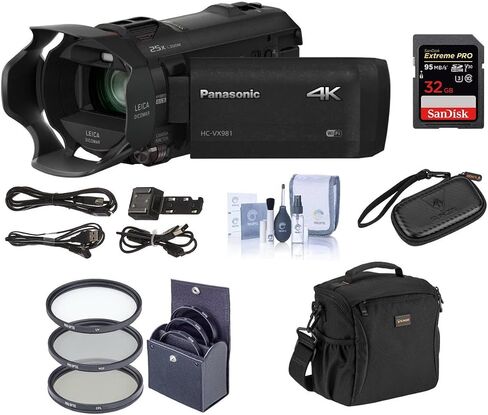 كاميرا فيديو باناسونيك 4K فائقة الدقة HC-VX981K (أسود)، تكبير بصري 20x، مجموعة أدوات مع حقيبة فيديو + بطاقة SDHC سعة 32 جيجابايت + طقم فلتر 49 ملم + طقم تنظيف + محفظة ذاكرة in Saudi Arabia
