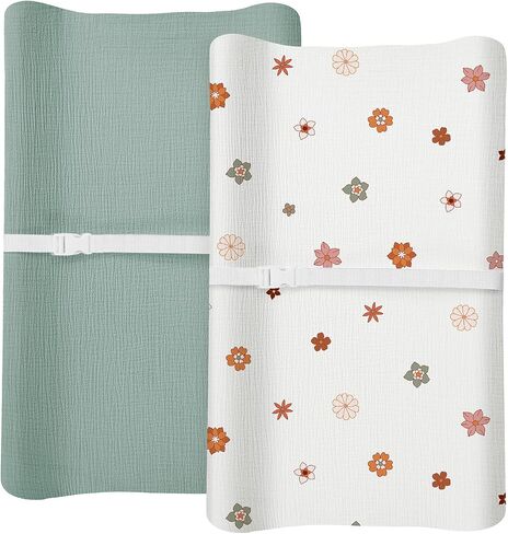 Changing Pad Cover for Baby Boy Girl 2 Pack, Muslin Changing Table Pad Covers with Boho Style, Neutral Nursery Bedding Essentials Soft and Breathable(Dusty Rose & Flower-A) in Kuwait