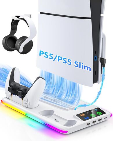 Controller Charger for PS5/PS5 Slim: PS5 Stand Cooling Fan and Controller Charger Station, PS5/PS5 Slim Accessories Vertical Charging Dock for PlayStation 5 Slim Console (White) in Saudi Arabia